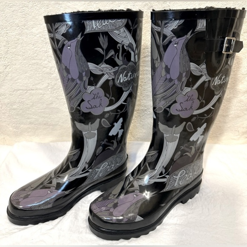 THE SAK “peace nature happy free” rain boots mud Wellies purple black design